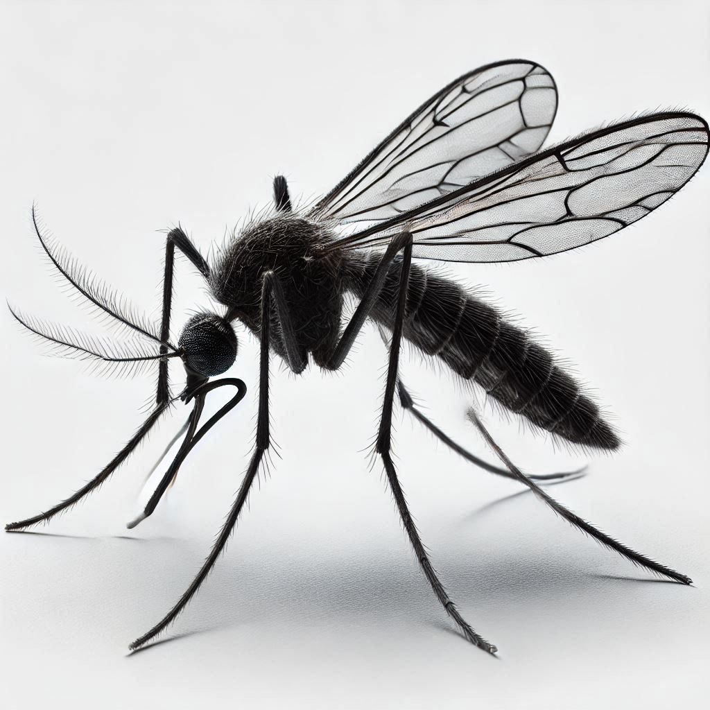 a realistic black mosquito with a totally white background
